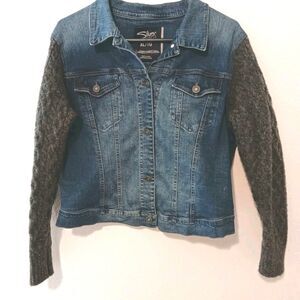 Silver Jeans Co XL Hybrid Denim Jean Jacket Gray Cable Knit Sweater Sleeves